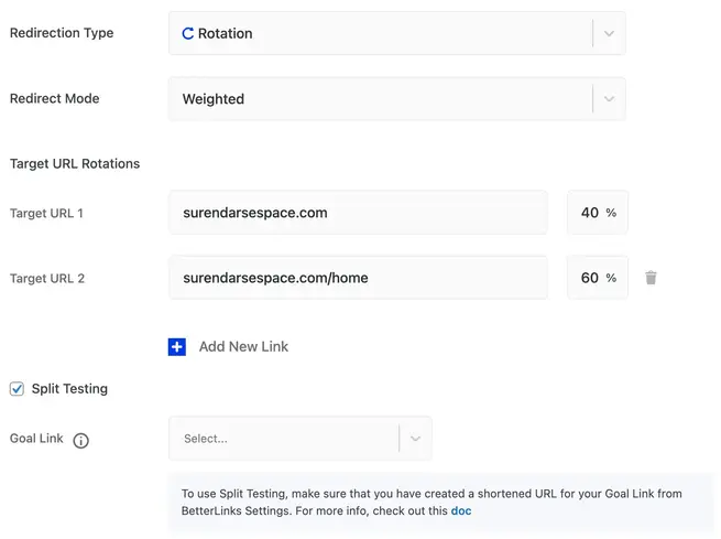 betterlinks split testing feature